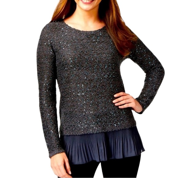 Alfani Gray Popcorn Stitch Sequins Sweater Flounce - Picture 1 of 5